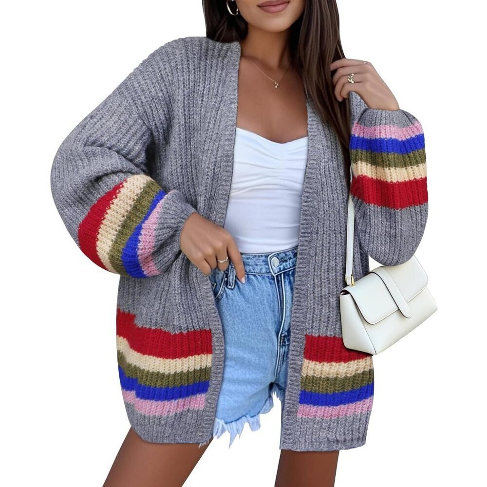 Womens Oversized Striped Knit Cardigan Sweater Long Lantern Sleeve Fall Fashion